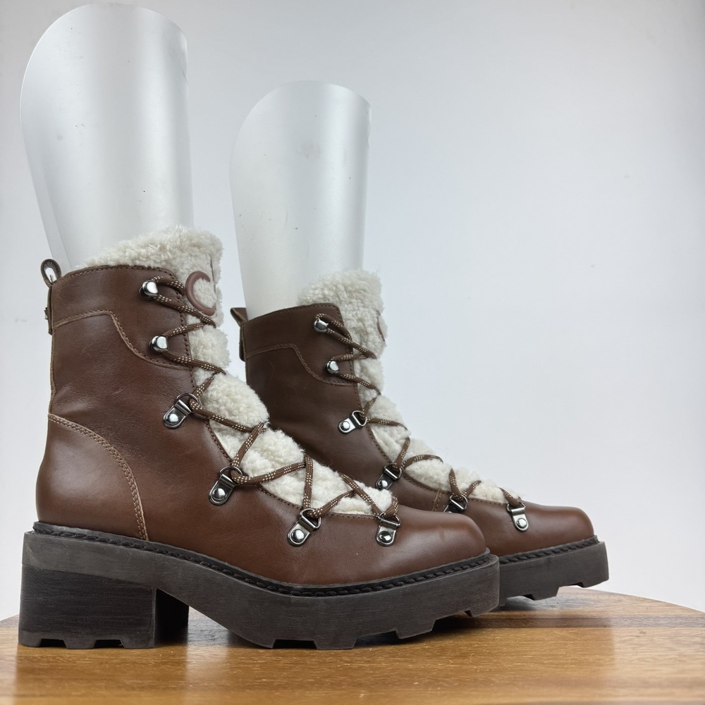 Womens Calvin Klein Alaina Brown Leather Faux Fur Lace Up Combat Boots Size‎ 8 M
